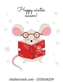 Vector poster with hand drawing cute winter rat in cozy clothes. Creative banner with funny mouse for New 2020 Year. Symbol the Chinese calendar. Doodle illustration. Winter holidays, baby shower.