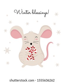 Vector poster with hand drawing cute winter rat in cozy clothes. Creative banner with funny mouse for New 2020 Year. Symbol the Chinese calendar. Doodle illustration. Winter holidays, baby shower.