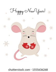 Vector poster with hand drawing cute winter rat in cozy clothes. Creative banner with funny mouse for New 2020 Year. Symbol the Chinese calendar. Doodle illustration. Winter holidays, baby shower.
