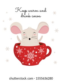Vector poster with hand drawing cute winter rat in cozy clothes. Creative banner with funny mouse for New 2020 Year. Symbol the Chinese calendar. Doodle illustration. Winter holidays, baby shower.