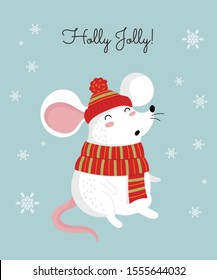 Vector poster with hand drawing cute winter rat in cozy clothes. Creative banner with funny mouse for New 2020 Year. Symbol the Chinese calendar. Doodle illustration. Winter holidays, baby shower