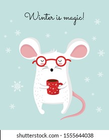 Vector poster with hand drawing cute winter rat in cozy clothes. Creative banner with funny mouse for New 2020 Year. Symbol the Chinese calendar. Doodle illustration. Winter holidays, baby shower