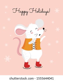 Vector poster with hand drawing cute winter rat in cozy clothes. Creative banner with funny mouse for New 2020 Year. Symbol the Chinese calendar. Doodle illustration. Winter holidays, baby shower