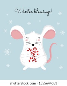 Vector poster with hand drawing cute winter rat in cozy clothes. Creative banner with funny mouse for New 2020 Year. Symbol the Chinese calendar. Doodle illustration. Winter holidays, baby shower