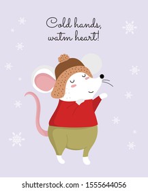 Vector poster with hand drawing cute winter rat in cozy clothes. Creative banner with funny mouse for New 2020 Year. Symbol the Chinese calendar. Doodle illustration. Winter holidays, baby shower