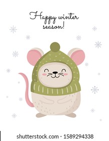 Vector poster with hand drawing cute winter rat in cozy clothes. Creative banner with funny mouse for New 2020 Year. Symbol the Chinese calendar. Doodle illustration. Winter holidays, baby shower