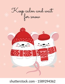 Vector poster with hand drawing cute winter rat in cozy clothes. Creative banner with funny mouse for New 2020 Year. Symbol the Chinese calendar. Doodle illustration. Winter holidays, baby shower