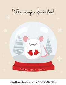 Vector poster with hand drawing cute winter rat in snow globe. Creative banner with funny mouse for New 2020 Year. Symbol the Chinese calendar. Doodle illustration. Winter holidays, baby shower