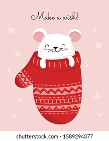 Vector poster with hand drawing cute winter rat in cozy clothes. Creative banner with funny mouse for New 2020 Year. Symbol the Chinese calendar. Doodle illustration. Winter holidays, baby shower