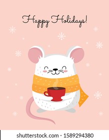 Vector poster with hand drawing cute winter rat in cozy clothes. Creative banner with funny mouse for New 2020 Year. Symbol the Chinese calendar. Doodle illustration. Winter holidays, baby shower