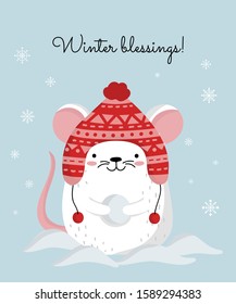 Vector poster with hand drawing cute winter rat in cozy clothes. Creative banner with funny mouse for New 2020 Year. Symbol the Chinese calendar. Doodle illustration. Winter holidays, baby shower