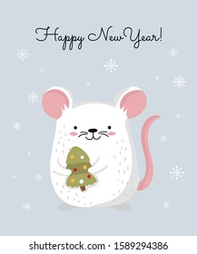 Vector poster with hand drawing cute winter rat and tree. Creative banner with funny mouse for New 2020 Year. Symbol the Chinese calendar. Doodle illustration. Winter holidays, baby shower