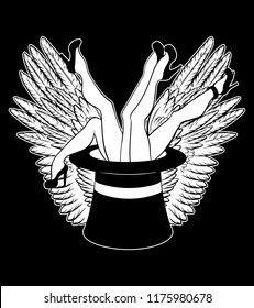 Vector poster and hand drawn creative illustration legs in top hat and wings   Creative tattoo artwork   Template for card  banner  print for t  shirt  pin  badge  patch 