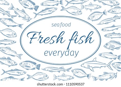 Vector poster hand drawn fish. Page design seafood with bream, mackerel, tunny or sterlet, codfish and halibut. Outline icon tilapia, ocean perch, sardine, anchovy, sea bass and dorado. Retro style.