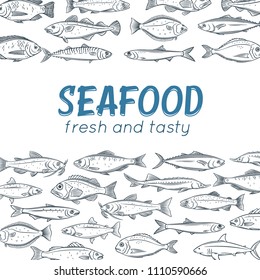 Vector poster hand drawn fish. Page design seafood with bream, mackerel, tunny or sterlet, codfish and halibut. Outline icon tilapia, ocean perch, sardine, anchovy, sea bass and dorado. Retro style.