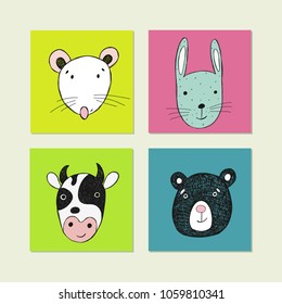 Vector poster with hand drawn funny animal face. Cute illustration for card, print on clothes.