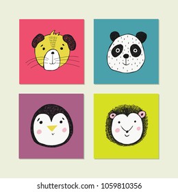 Vector poster with hand drawn funny animal face. Cute illustration for card, print on clothes.