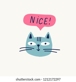 Vector poster with hand drawn funny cat. Cute llustration for card, print on clothes.