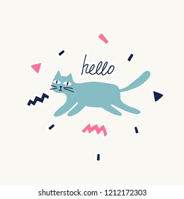 Vector poster with hand drawn funny cat. Cute llustration for card, print on clothes.