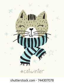 Vector poster with hand drawn funny cat. Vector illustration for card or poster, print on clothes. New Year's and Christmas.