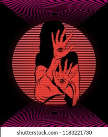 Vector poster with hand drawn surreal illustration of fortune teller with eyes on her hands made in vaporwave style. Template for card, banner, print for t-shirt, pin, badge, patch.
