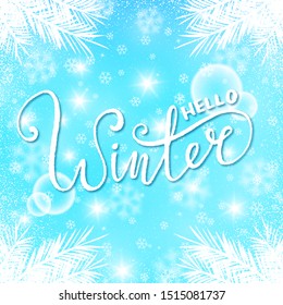 Vector poster with hand drawn white lettering on blue magic background with snowflakes, sparkles and fir tree branches.