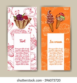 Vector poster with hand-drawn desserts. Delicious food. Decorative background. Beautiful card