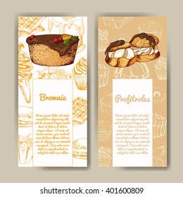 Vector poster with hand-drawn desserts. Delicious food. Decorative background. Beautiful card