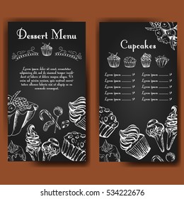 Vector poster with hand-drawn desserts. Delicious food. Decorative background. Beautiful card