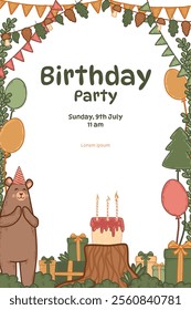 Vector poster with a happy bear in a party hat surrounded by gifts, balloons, and cake. Forest-themed birthday design includes candles and festive flags. Perfect for surprise party decorations