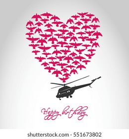Vector poster "Happy birthday" with helicopter isolated on abstract background