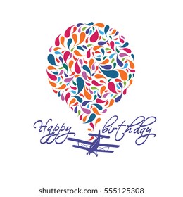 Vector poster "Happy birthday" with retro airplane isolated on white background