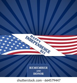 Vector poster for happy celebration of Independence Day with stripe with american flag on the dark blue background with rays.