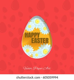 Vector poster of Happy Easter egg with flowers, text and shadow on the red background with pattern. 