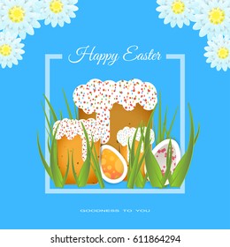 Vector poster of Happy Easter with frame, flowers, Easter Cake, green grass, eggs with different patterns on the blue background.  
