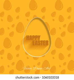 Vector poster of Happy Easter on the yellow background with pattern from eggs, text with long shadow cut from paper.