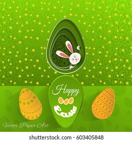 Vector poster of Happy Easter on the gradient green background with rabbit hole, eggs, green floral pattern and text cut from paper.