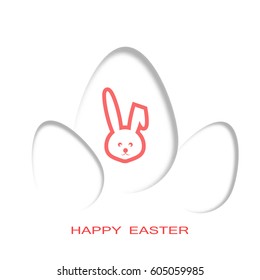 Vector poster of Happy Easter on the white background with red silhouette of bunny, eggs and text.