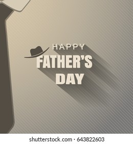 Vector poster of Happy Father's Day with hat silhouette, text with long shadow, dark brown tie on the gradient background with line pattern.