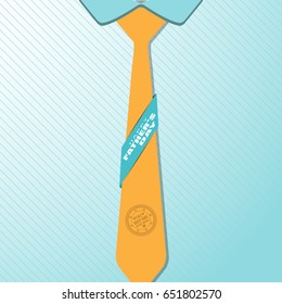 Vector poster of Happy Father's Day with shirt collar, yellow tie silhouette, text on the turquoise ribbon, shadow on the gradient background with line pattern.
