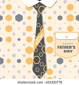 Vector poster of Happy Father's Day with collar, shirt with hexagon pattern, pocket with button, dark gray tie and text.