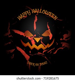 Vector poster to Happy Halloween holiday on the dark gray background with pattern of cracked paint.