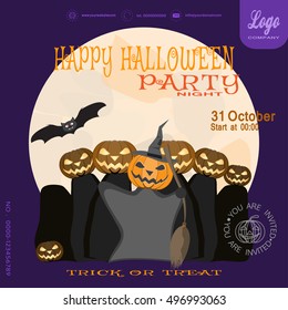 Vector poster to Happy Halloween night party on the lilac background with moon.