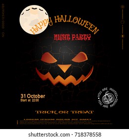 Vector poster to Happy Halloween night party on the dark gray background with pattern of cracked ground.