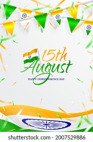 Afiche de los vectores del Feliz Día de la Independencia en India. Ilustración vectorial con bandera realista y guirnaldas coloreadas en la bandera nacional de la India. Fondo festivo con confeti de color.