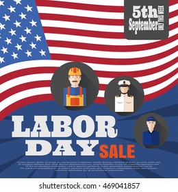 Vector poster of Happy Labor Day sale with different professions on the background with rays and flag.