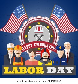 Vector poster of Happy Labor Day with different professions on the background with label and flags.
