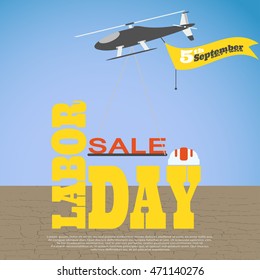 Vector poster of Happy Labor Day sale with helicopter on the background with cracky ground and flag.