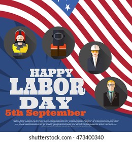 Vector poster of Happy Labor Day with different professions on the background with avatars, rays and flag.
