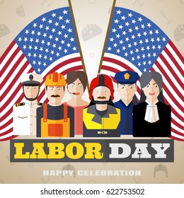 Vector poster of Happy Labor Day with different professions, label and flags on the light brown background with pattern.